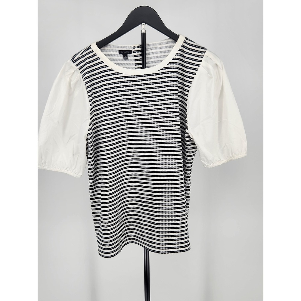 Talbots Womens XL Striped Knit Top White Poplin Puff Sleeve Button Back ID5359